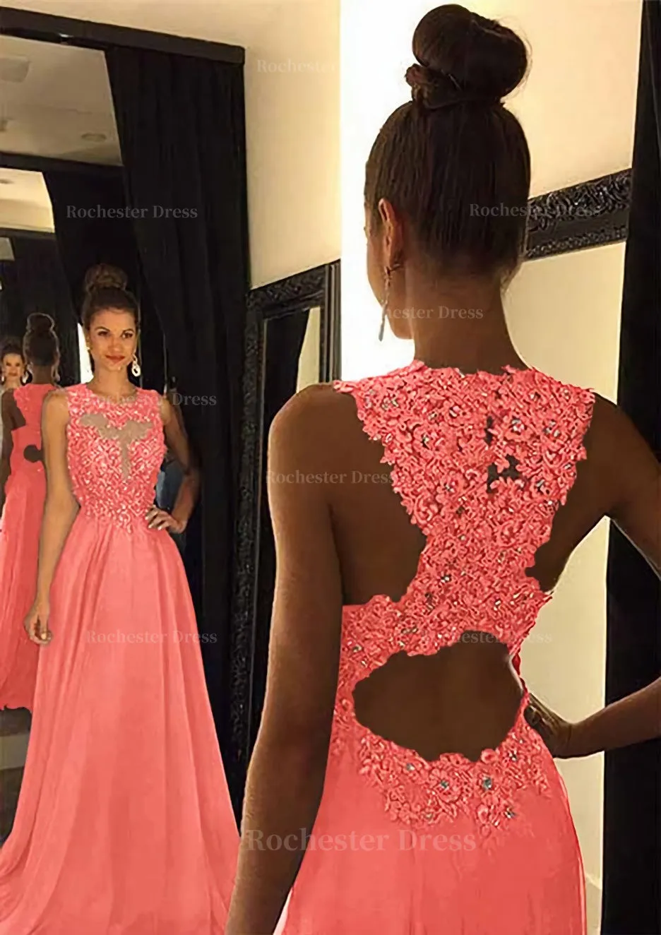 Chiffon Prom Dress A-Line/Princess Scoop Neck Sweep Train With Appliqued Beaded