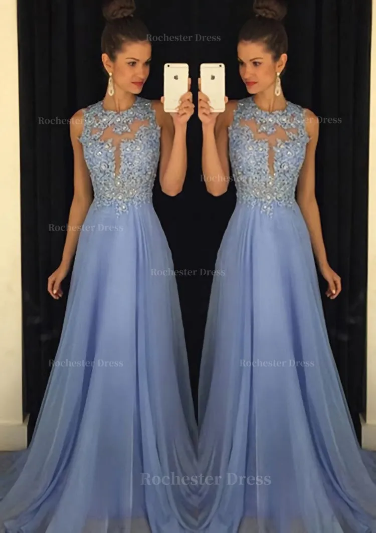 Chiffon Prom Dress A-Line/Princess Scoop Neck Sweep Train With Appliqued Beaded