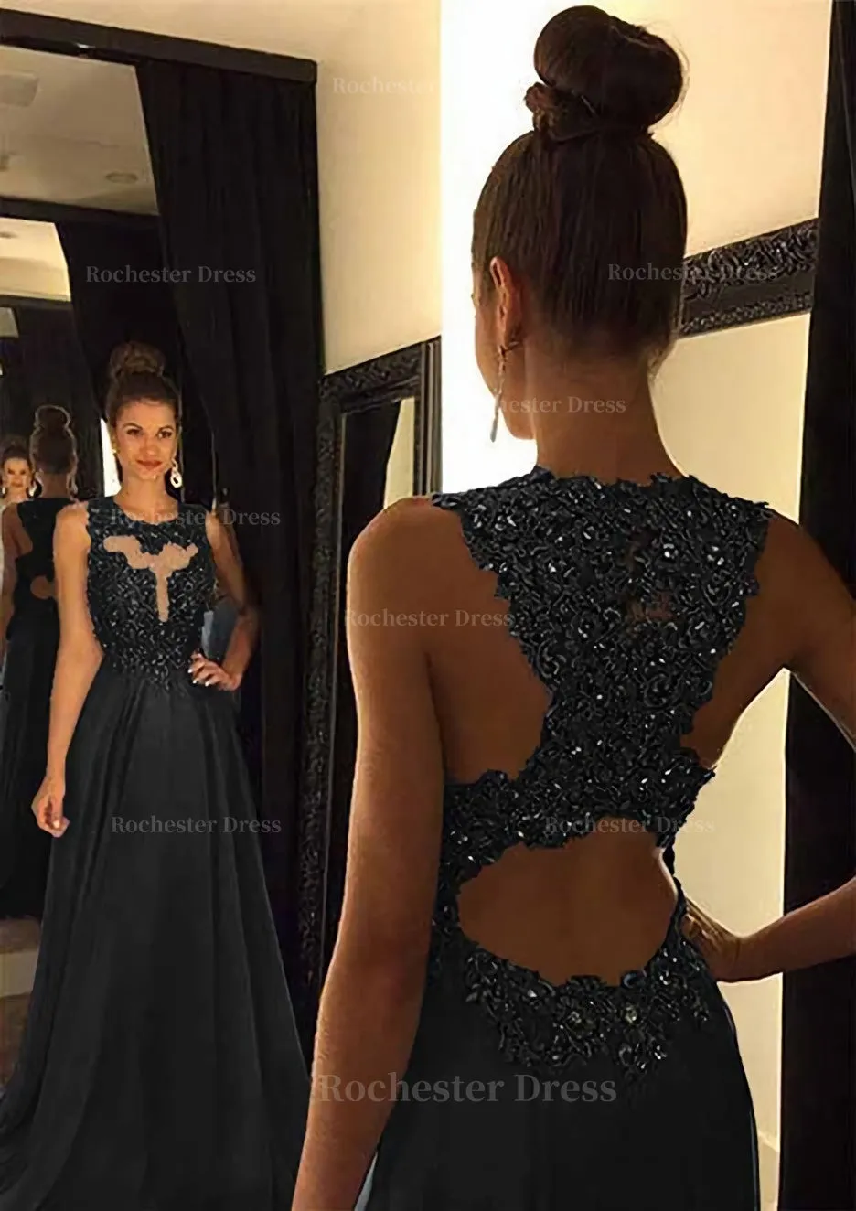 Chiffon Prom Dress A-Line/Princess Scoop Neck Sweep Train With Appliqued Beaded