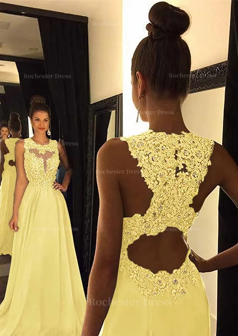 Chiffon Prom Dress A-Line/Princess Scoop Neck Sweep Train With Appliqued Beaded