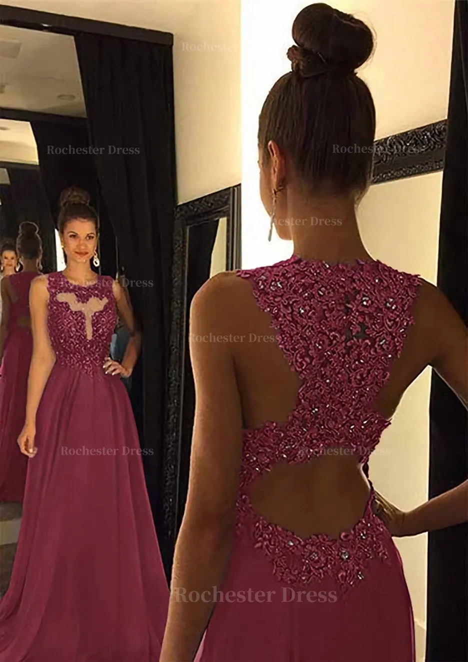 Chiffon Prom Dress A-Line/Princess Scoop Neck Sweep Train With Appliqued Beaded