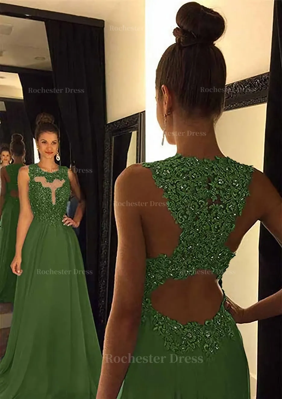 Chiffon Prom Dress A-Line/Princess Scoop Neck Sweep Train With Appliqued Beaded