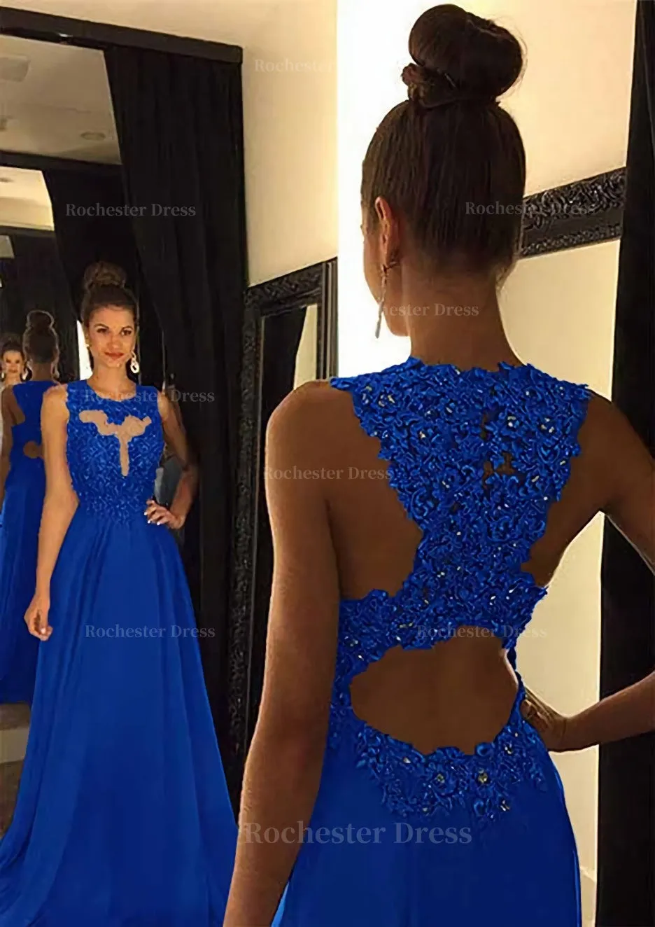 Chiffon Prom Dress A-Line/Princess Scoop Neck Sweep Train With Appliqued Beaded