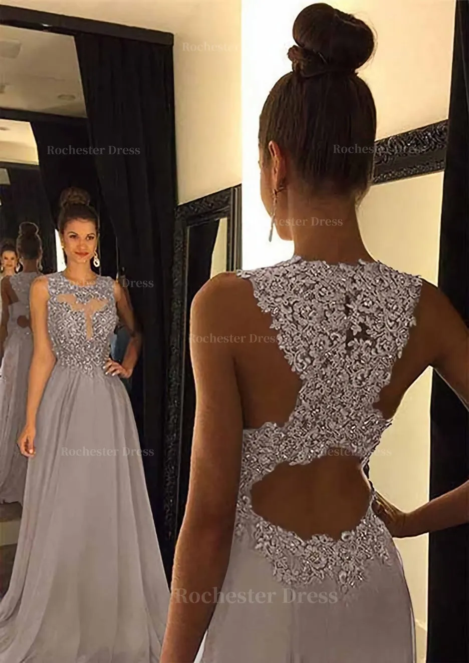 Chiffon Prom Dress A-Line/Princess Scoop Neck Sweep Train With Appliqued Beaded