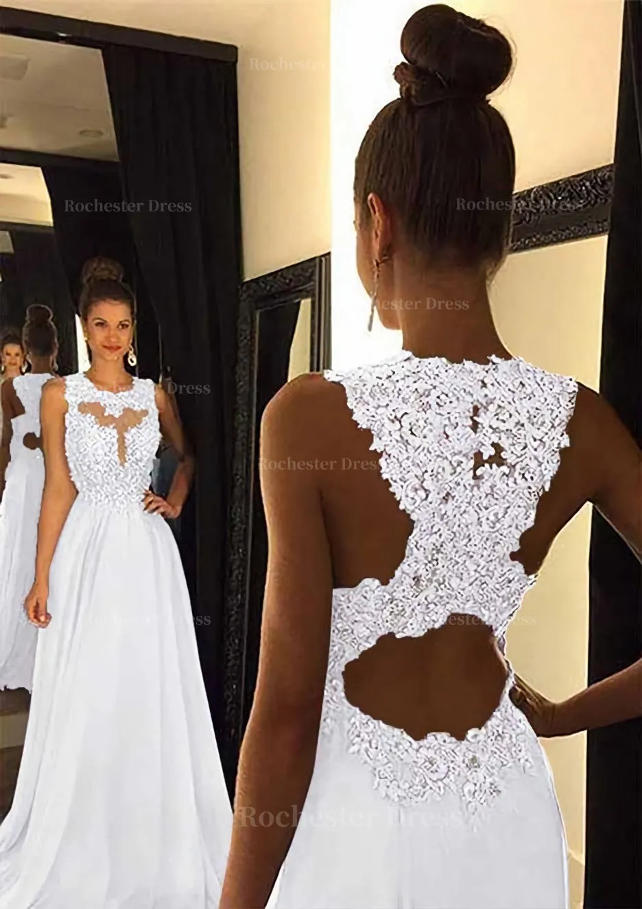 Chiffon Prom Dress A-Line/Princess Scoop Neck Sweep Train With Appliqued Beaded