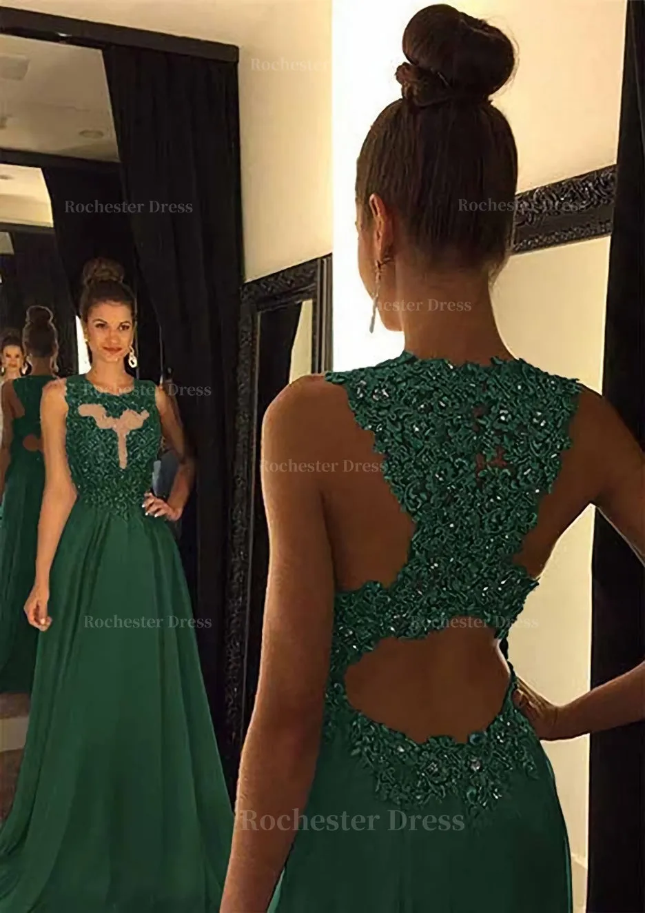 Chiffon Prom Dress A-Line/Princess Scoop Neck Sweep Train With Appliqued Beaded