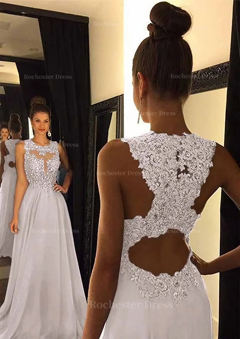 Chiffon Prom Dress A-Line/Princess Scoop Neck Sweep Train With Appliqued Beaded