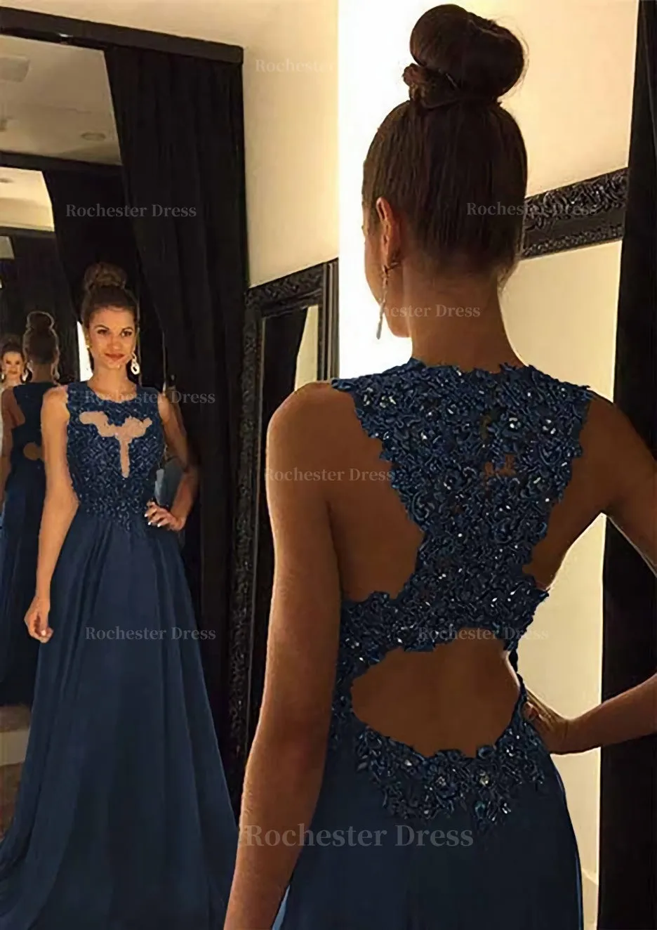 Chiffon Prom Dress A-Line/Princess Scoop Neck Sweep Train With Appliqued Beaded