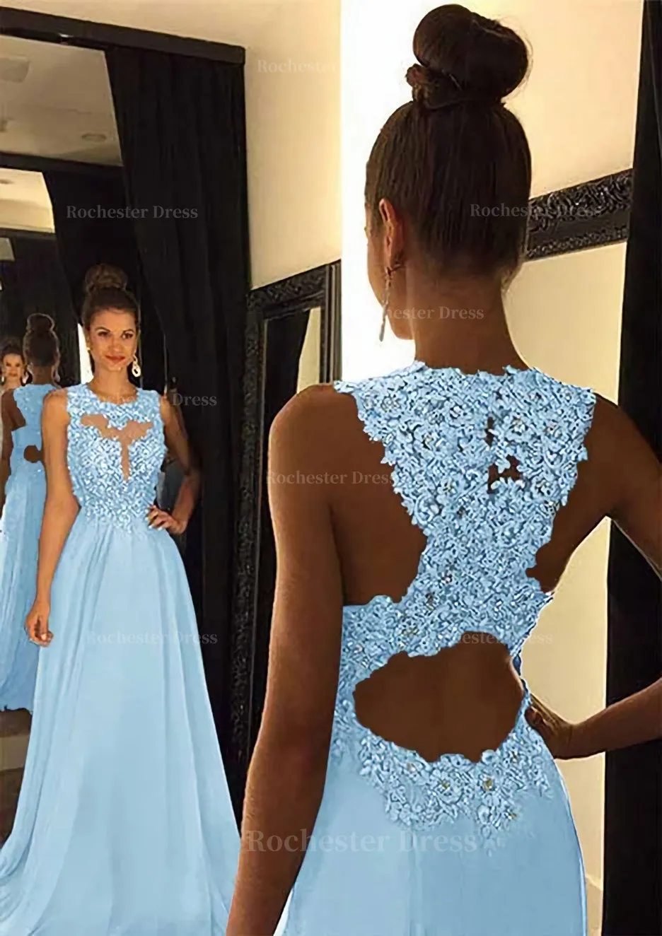 Chiffon Prom Dress A-Line/Princess Scoop Neck Sweep Train With Appliqued Beaded