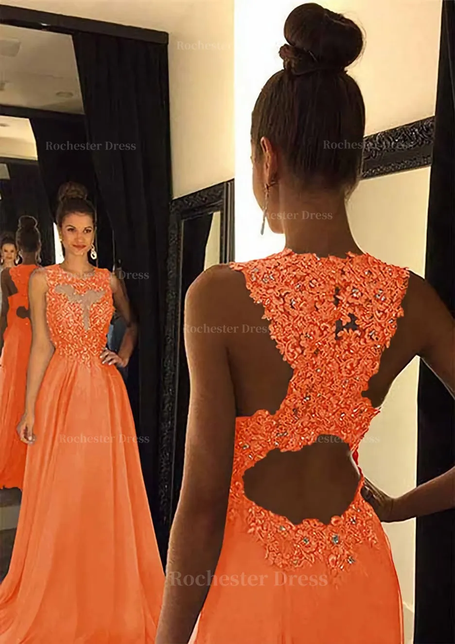 Chiffon Prom Dress A-Line/Princess Scoop Neck Sweep Train With Appliqued Beaded