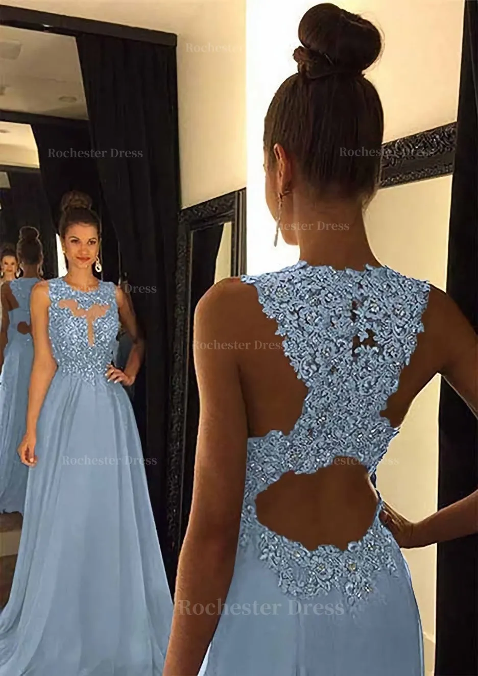 Chiffon Prom Dress A-Line/Princess Scoop Neck Sweep Train With Appliqued Beaded