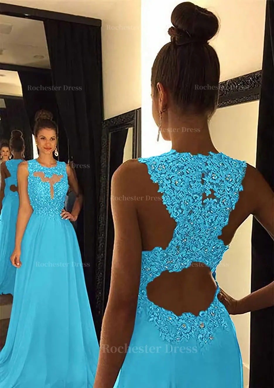 Chiffon Prom Dress A-Line/Princess Scoop Neck Sweep Train With Appliqued Beaded
