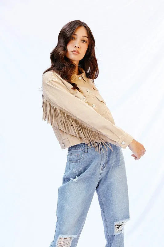 Cropped fringe denim jacket