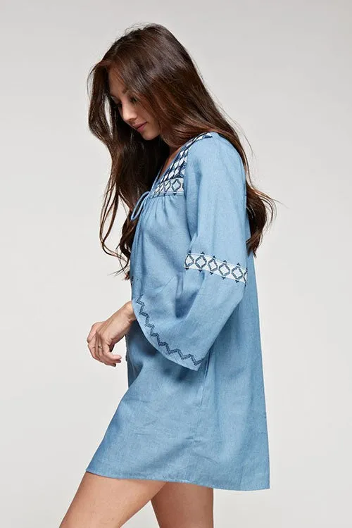 Embroidered Detail Bell Sleeve Tunic Mini Dress