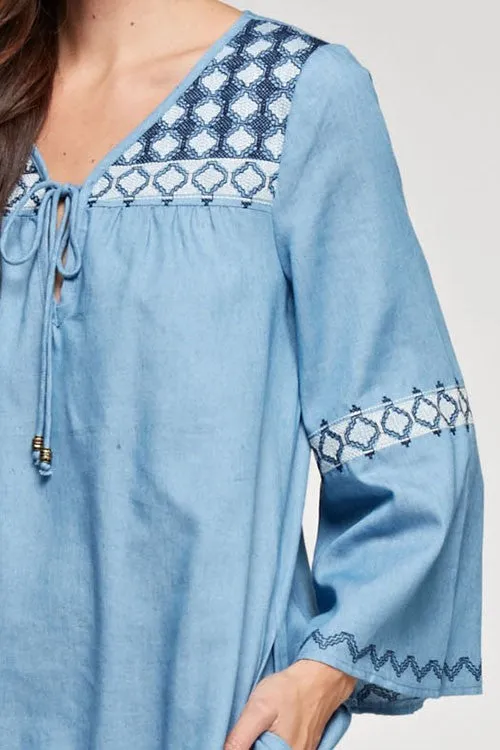 Embroidered Detail Bell Sleeve Tunic Mini Dress