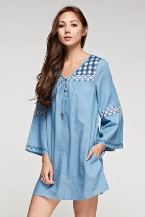 Embroidered Detail Bell Sleeve Tunic Mini Dress