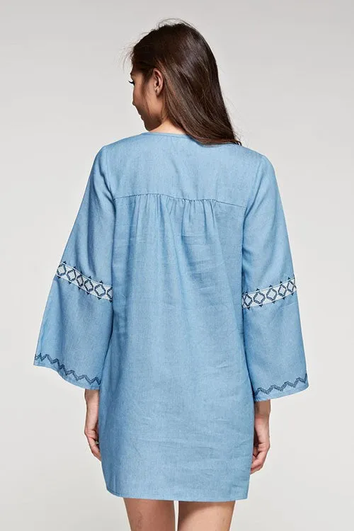 Embroidered Detail Bell Sleeve Tunic Mini Dress