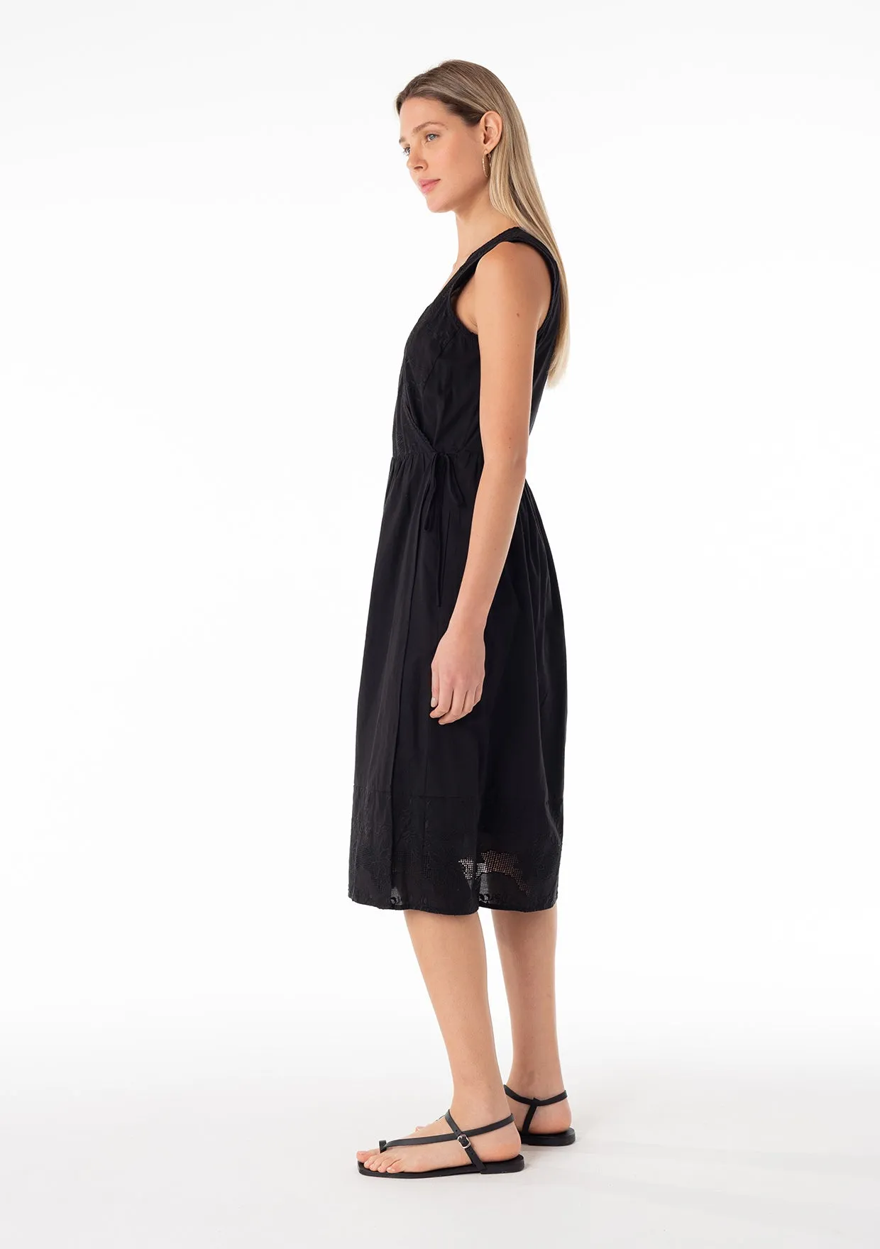 Embroidered Lace Trim Sleeveless Midi Wrap Dress