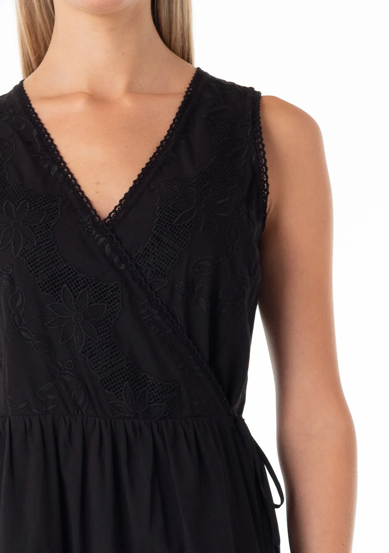 Embroidered Lace Trim Sleeveless Midi Wrap Dress