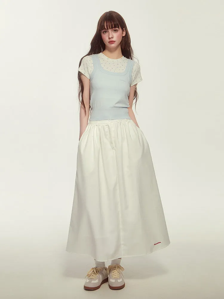 Embroidery Elastic-Waist Flare Simple Long-Skirt