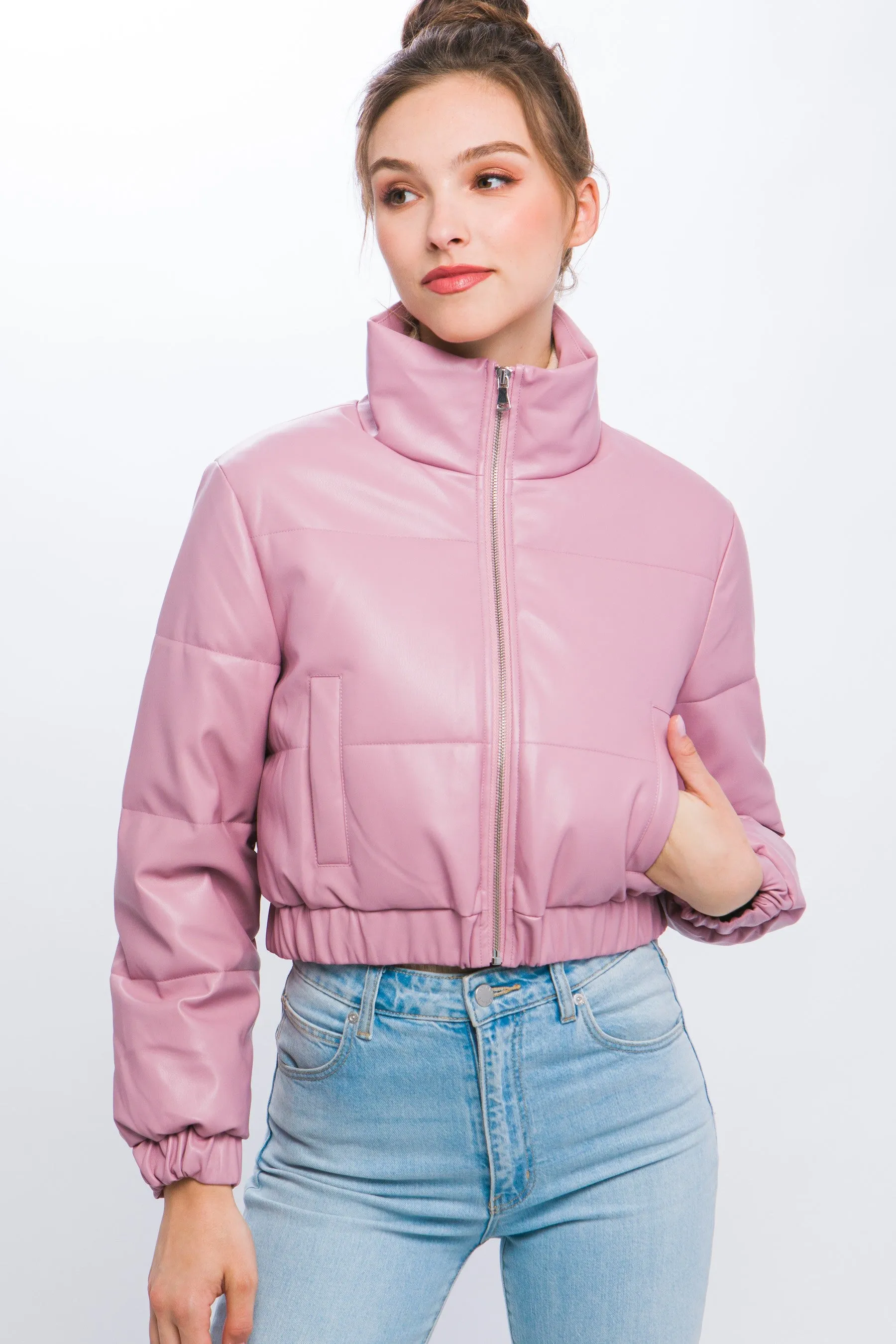 faux leather crop puffer jacket