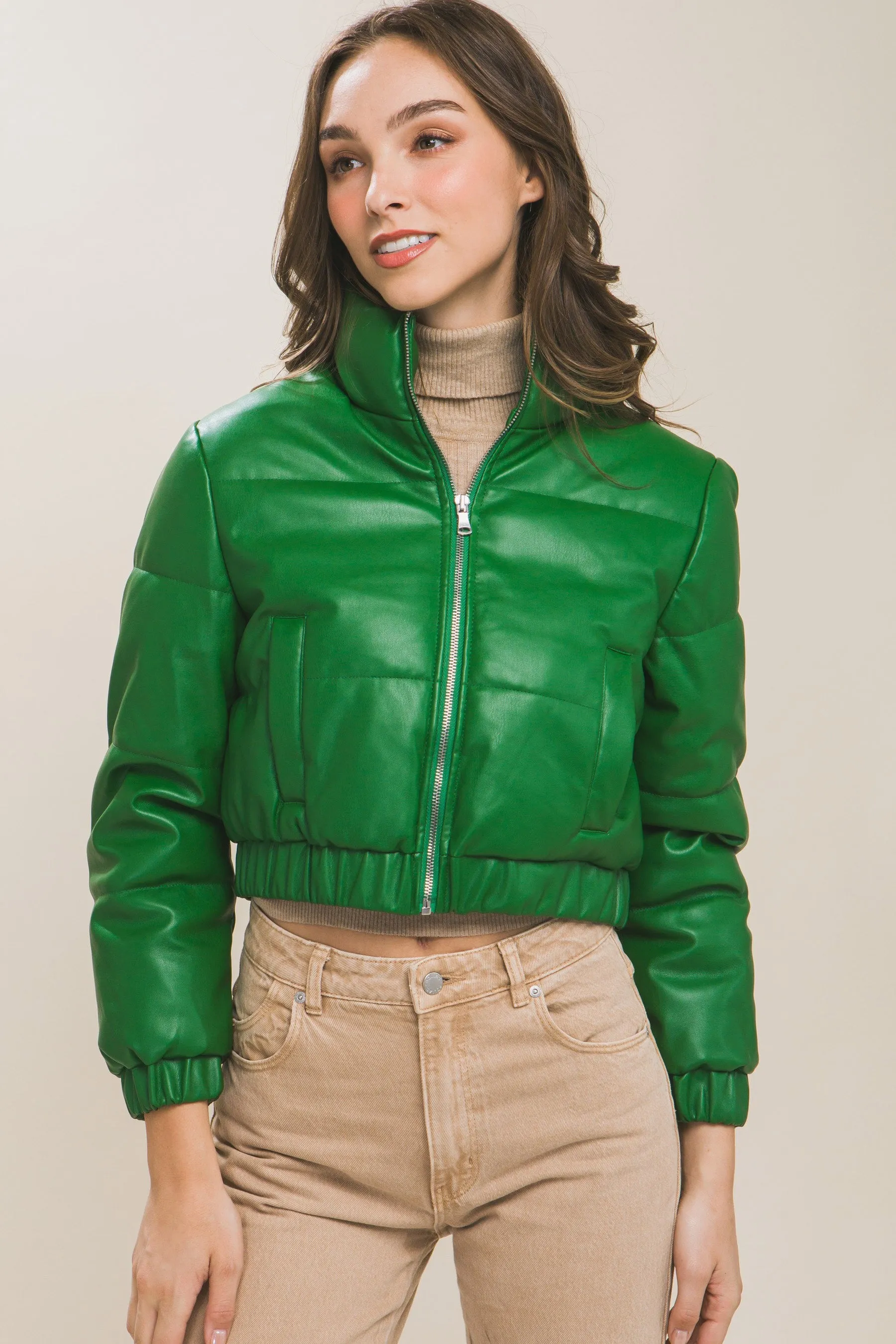 faux leather crop puffer jacket