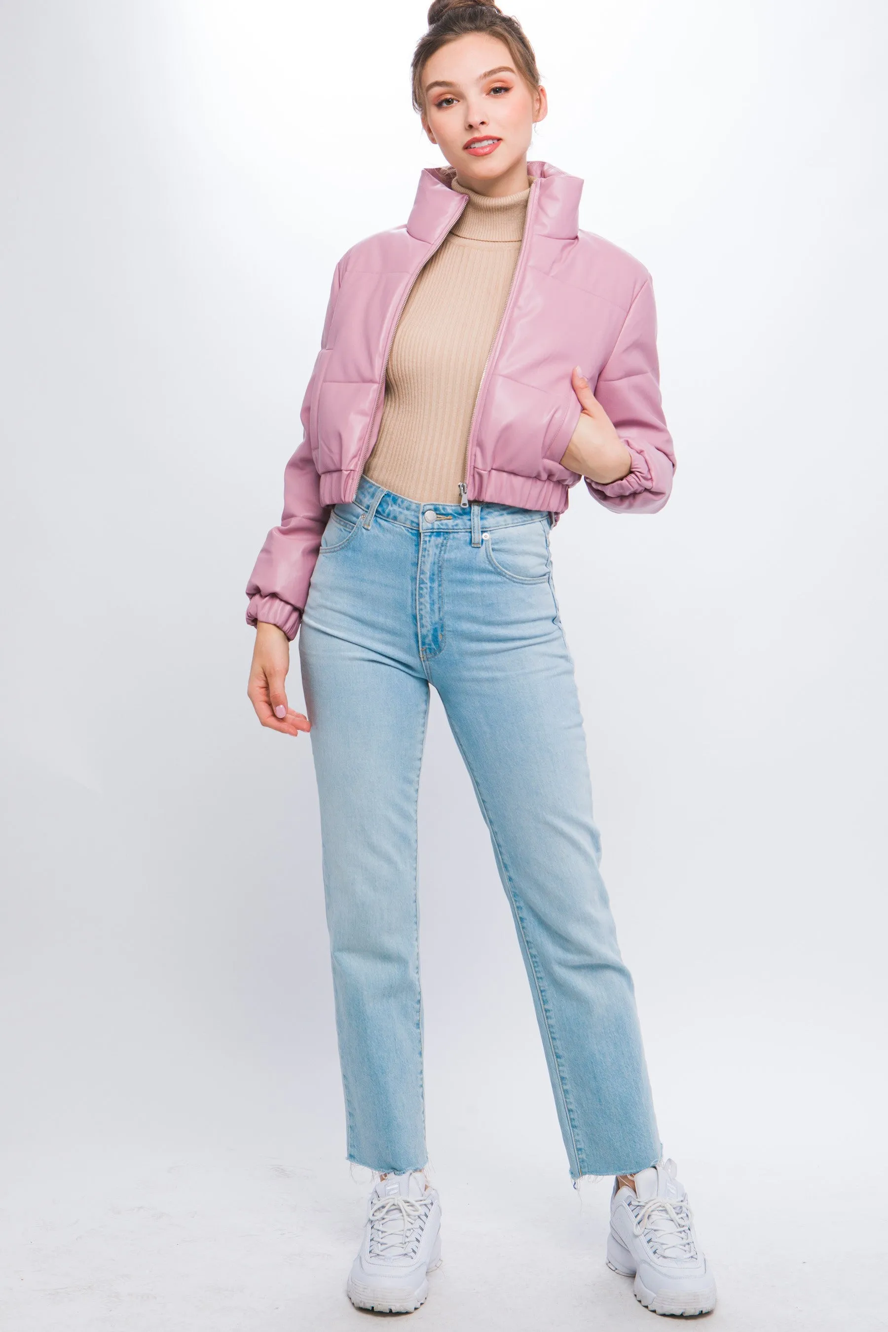 faux leather crop puffer jacket