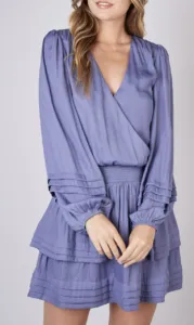 Faux Wrap V Neck Bishop Long Sleeve Smock Waist Dress