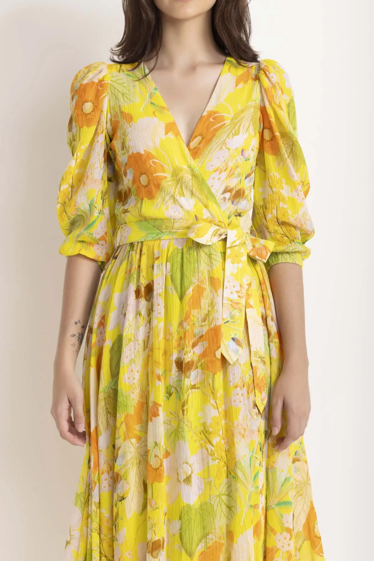 Floral Printed Midi Wrap Dress