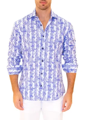 Floral Zig-Zag Print Long Sleeve Dress Shirt Blue
