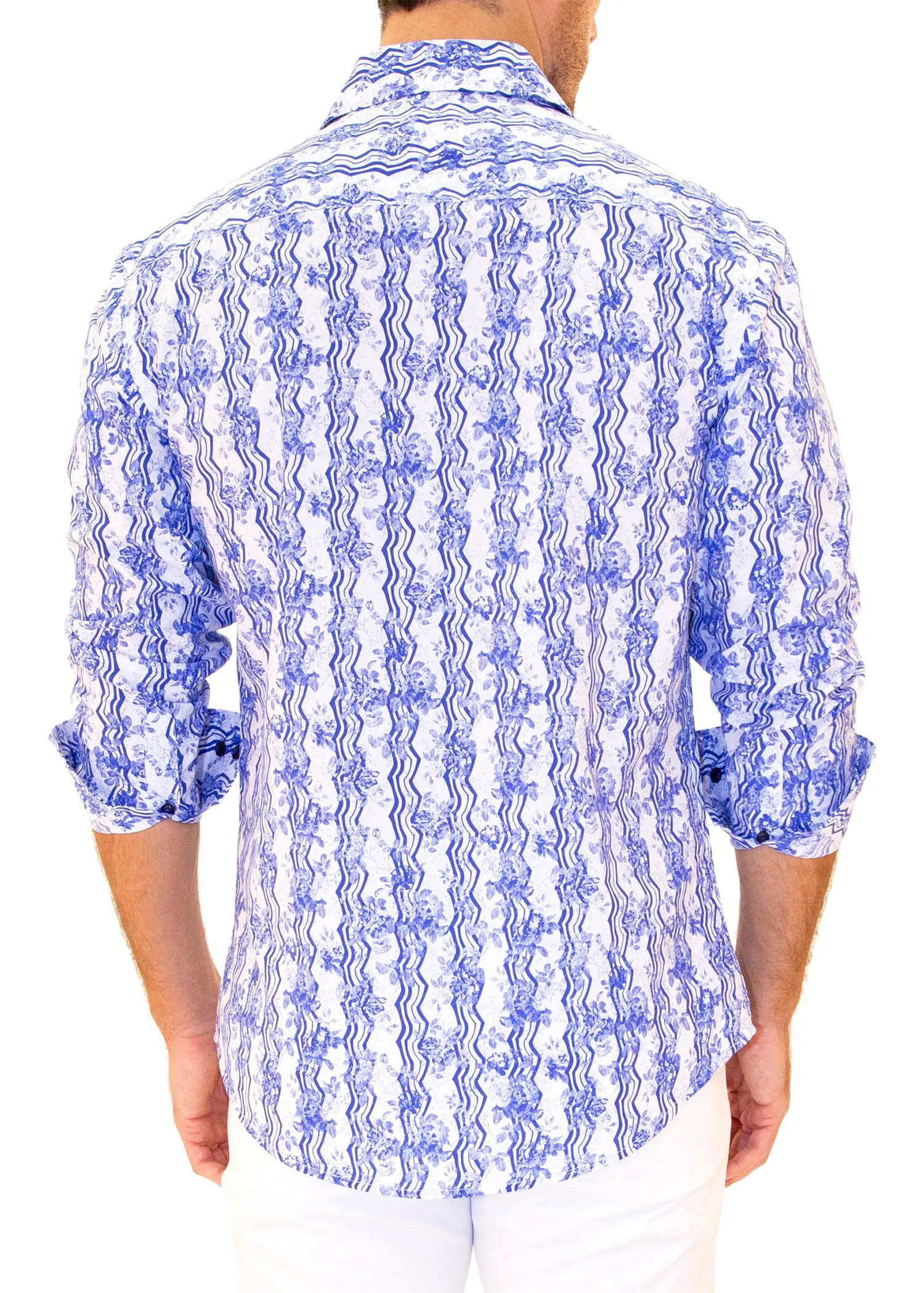 Floral Zig-Zag Print Long Sleeve Dress Shirt Blue