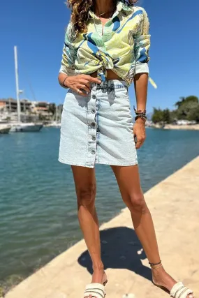GNS Woman Light Blue Washed Button Front Pocketed Mini Denim Skirt BST700-KT0053 - Jerez de la Frontera