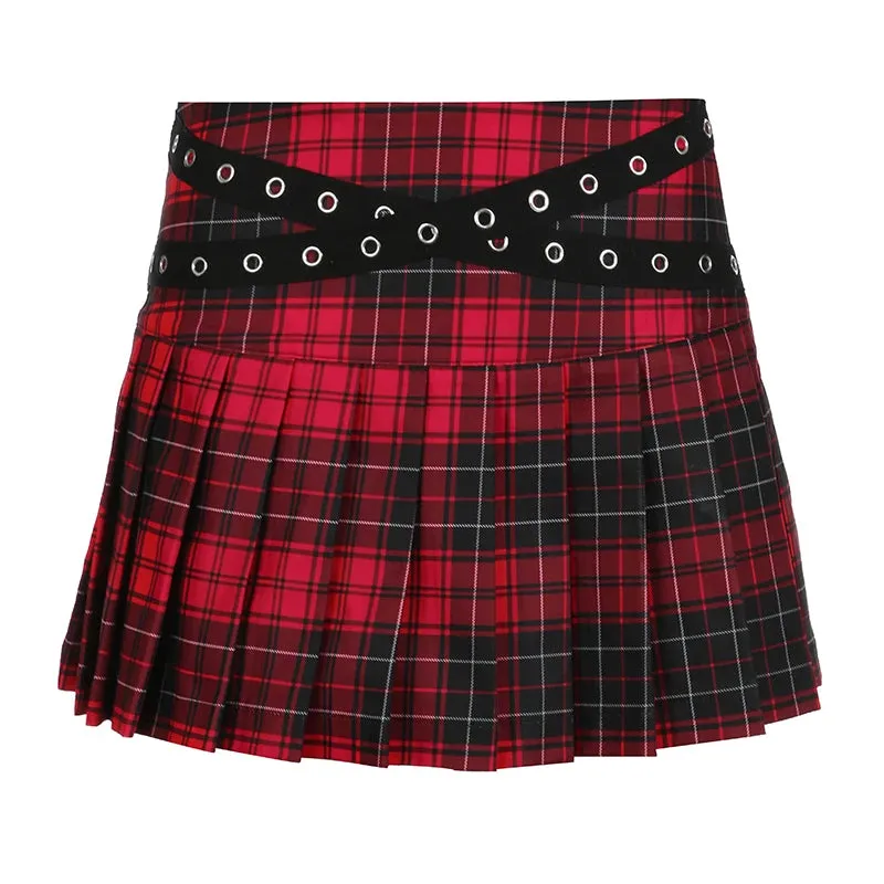 Gothic Spliced Eyelet Pleated Plaid Skirt