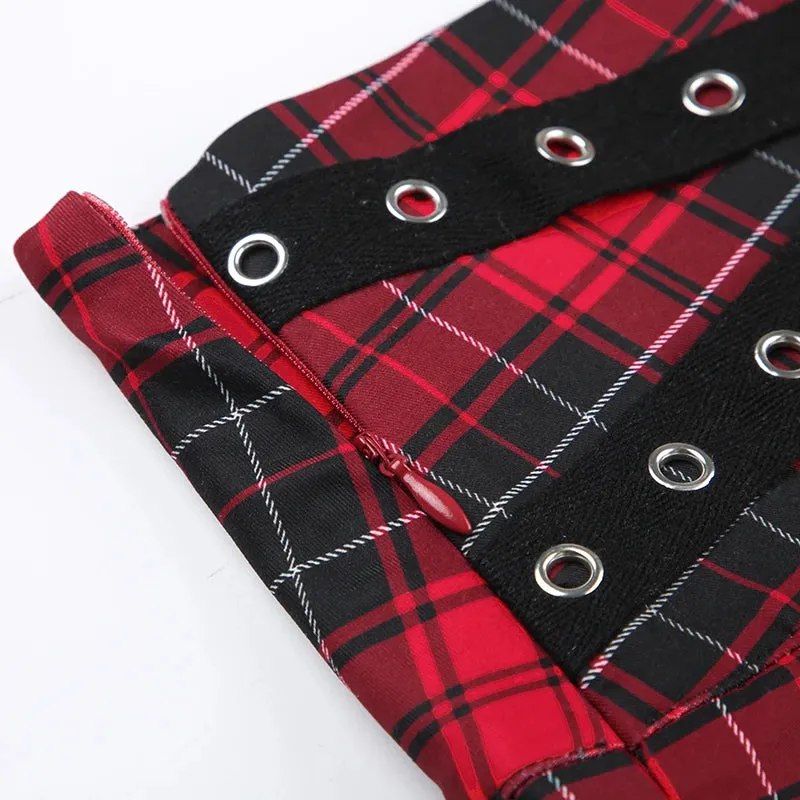Gothic Spliced Eyelet Pleated Plaid Skirt