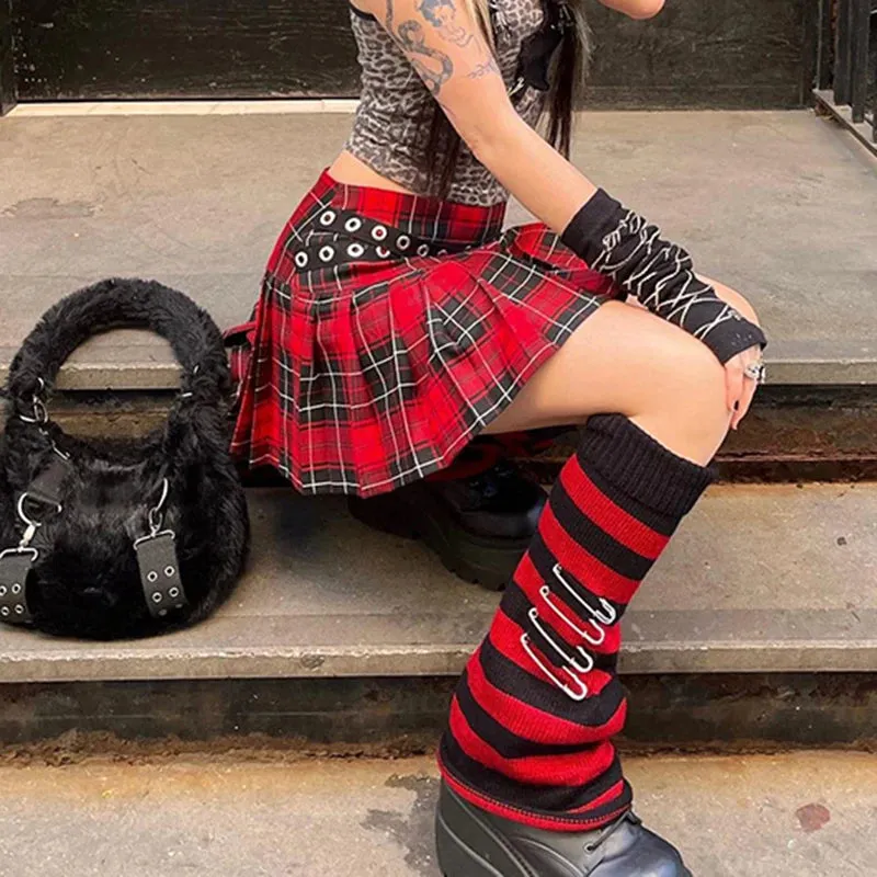 Gothic Spliced Eyelet Pleated Plaid Skirt