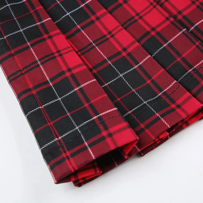 Gothic Spliced Eyelet Pleated Plaid Skirt