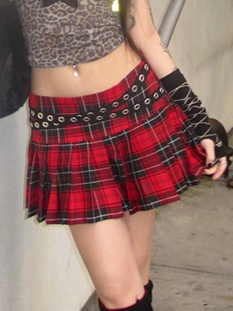 Gothic Spliced Eyelet Pleated Plaid Skirt