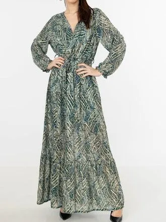 Green Gold Detail Wrap Front Long Sleeves Maxi Dress
