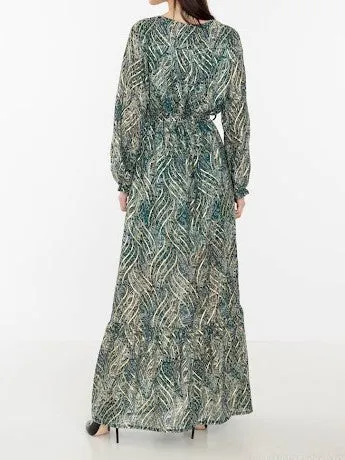 Green Gold Detail Wrap Front Long Sleeves Maxi Dress