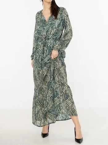 Green Gold Detail Wrap Front Long Sleeves Maxi Dress