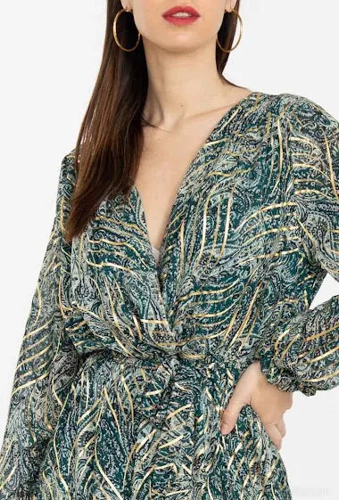 Green Gold Detail Wrap Front Long Sleeves Maxi Dress