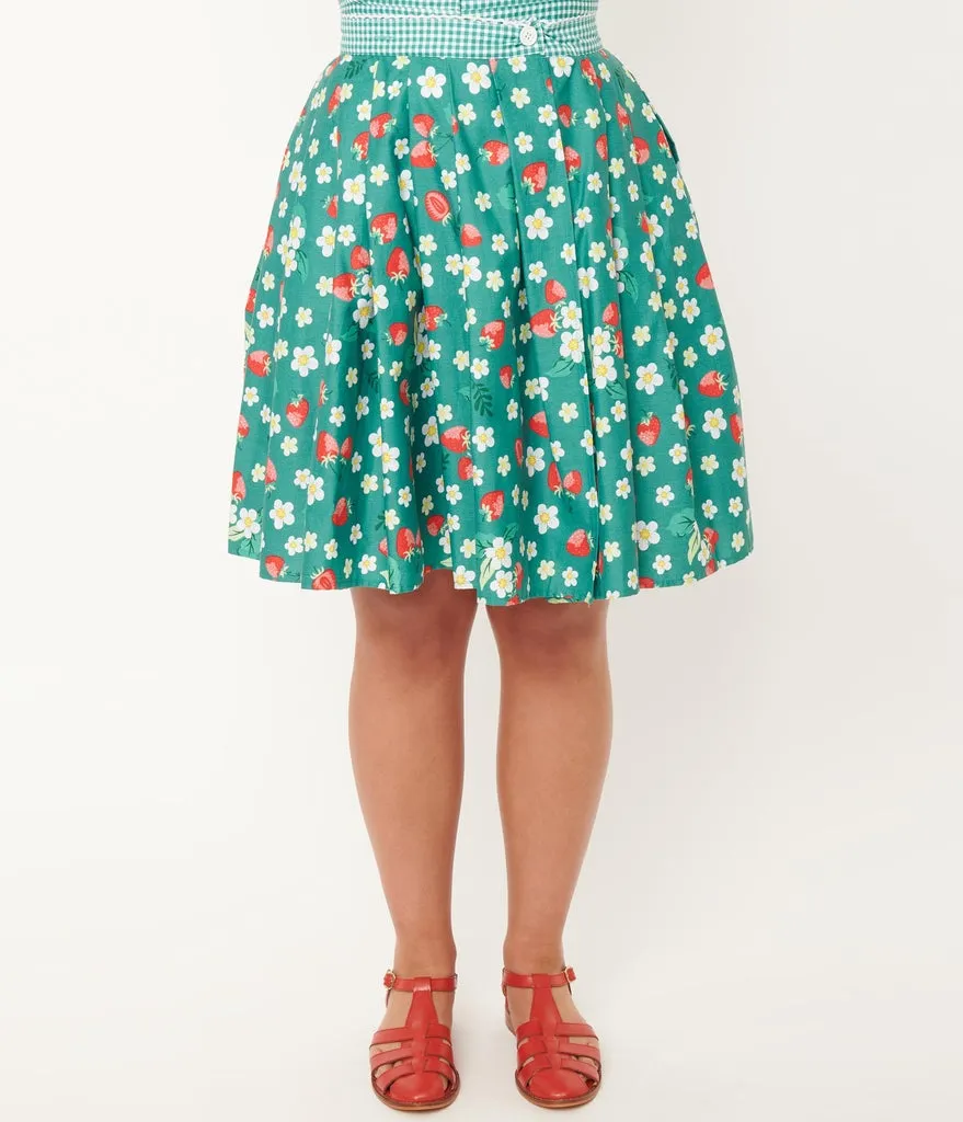 Green Strawberry Floral Print Collins Wrap Swing Skirt