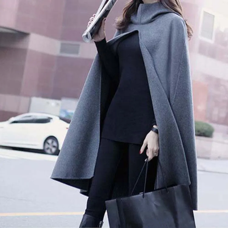 High Neck Long Sleeves Hooded Wool Cloak Coat