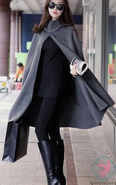 High Neck Long Sleeves Hooded Wool Cloak Coat