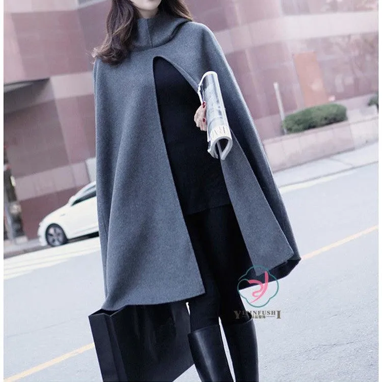 High Neck Long Sleeves Hooded Wool Cloak Coat