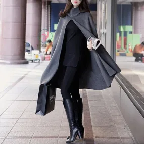 High Neck Long Sleeves Hooded Wool Cloak Coat