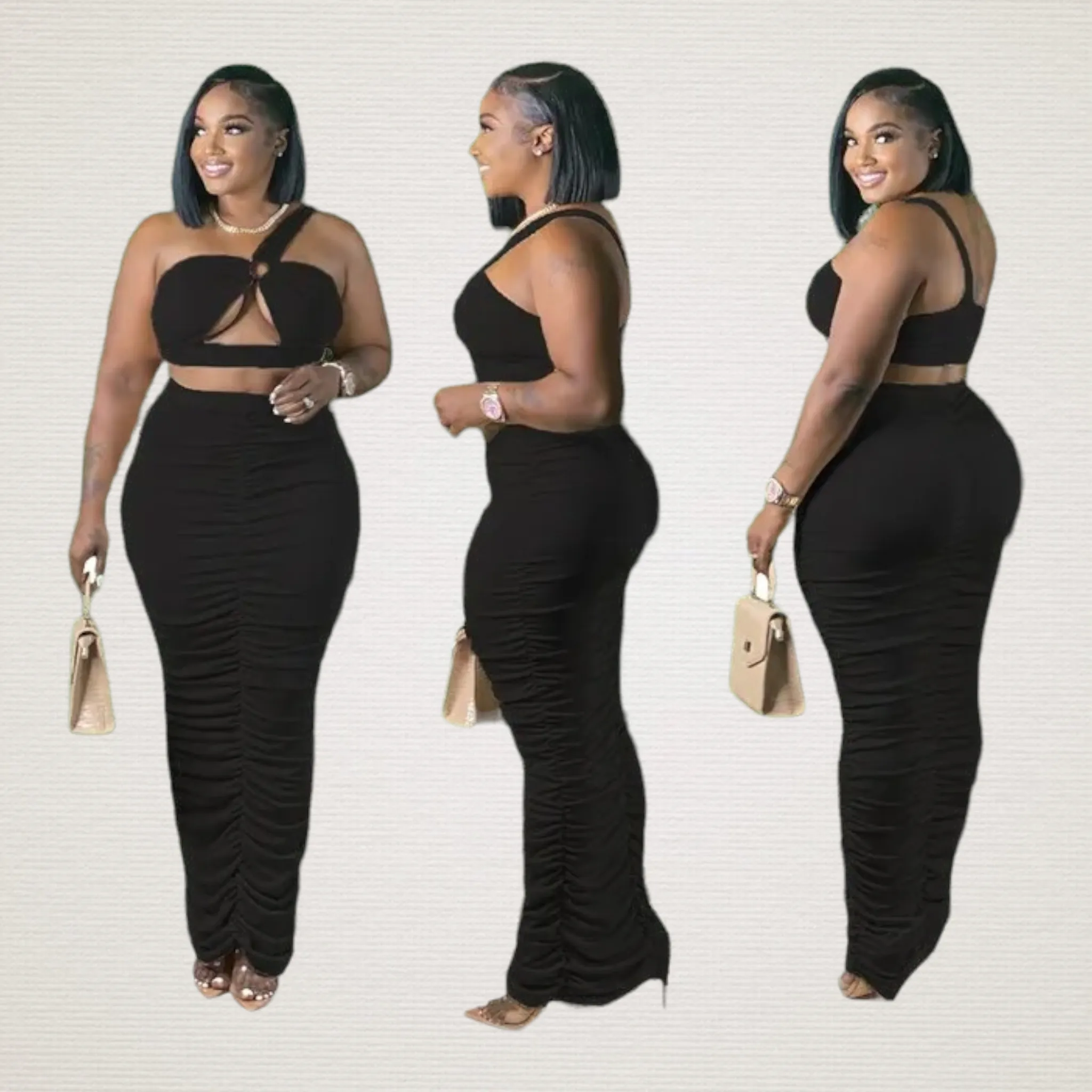 Hollow Shoulder Ruched Plus Two-Piece Skirt Set