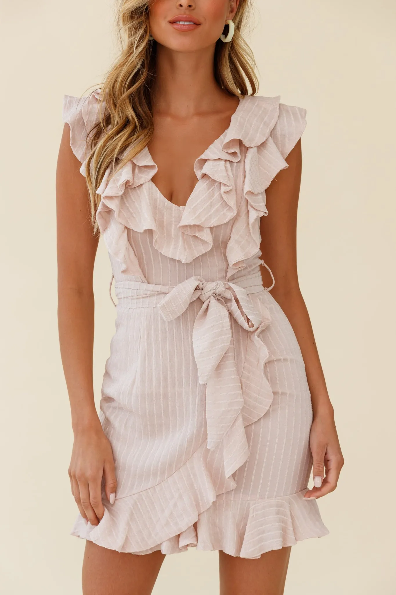 Honor Ruffle Neckline Faux Wrap Dress Nude