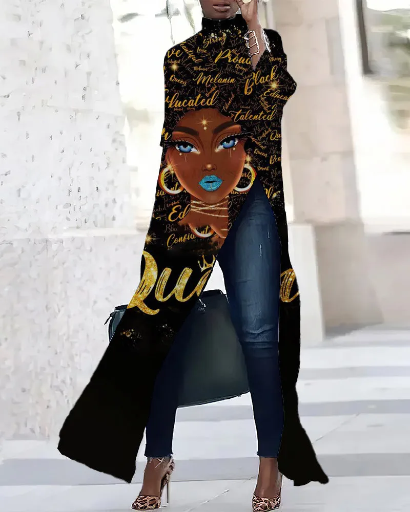 I Am Queen Three-quarter Sleeve Slit T-shirt Dress