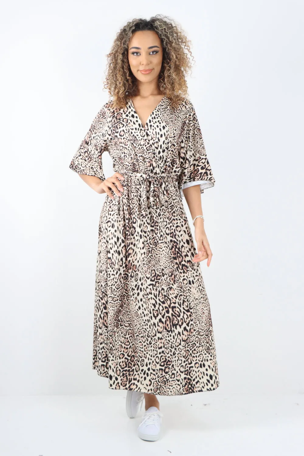 Italian Printed Wrap Over Belted Maxi Dress
